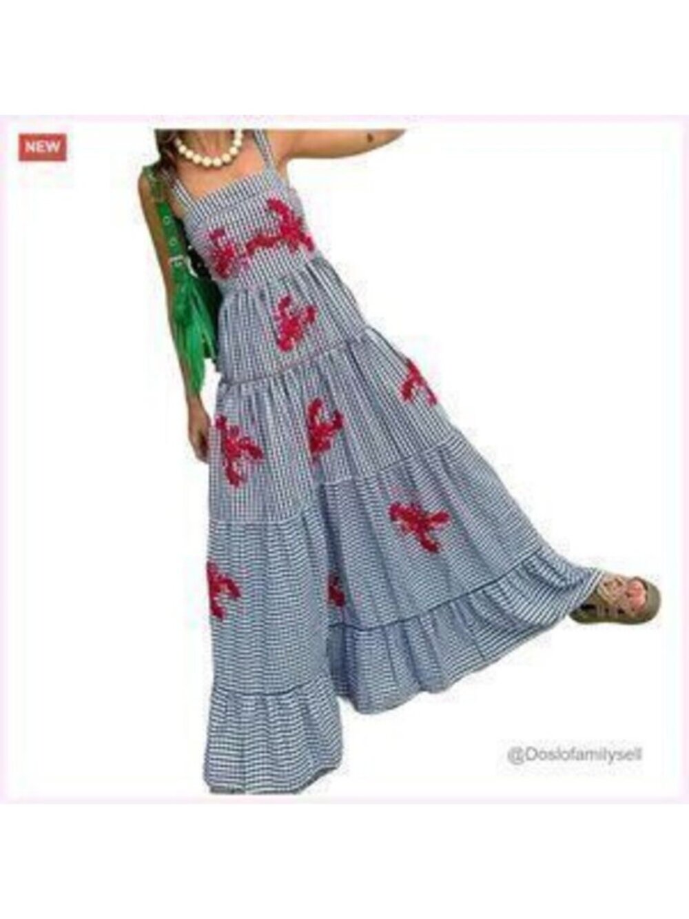 Linen Maxi Dress with Gingham Print, Flowy Ruffle Summer Dress